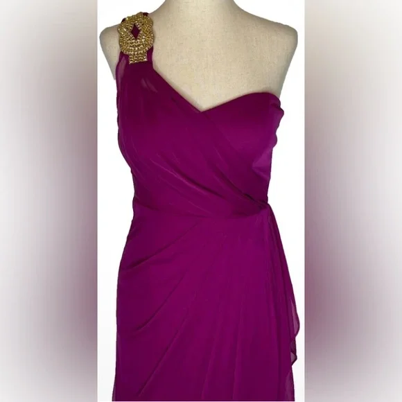 Xscape Elegant Evening Gown Plum Color Size 4  Dress with Gold Embellishment. - Picture 9 of 11